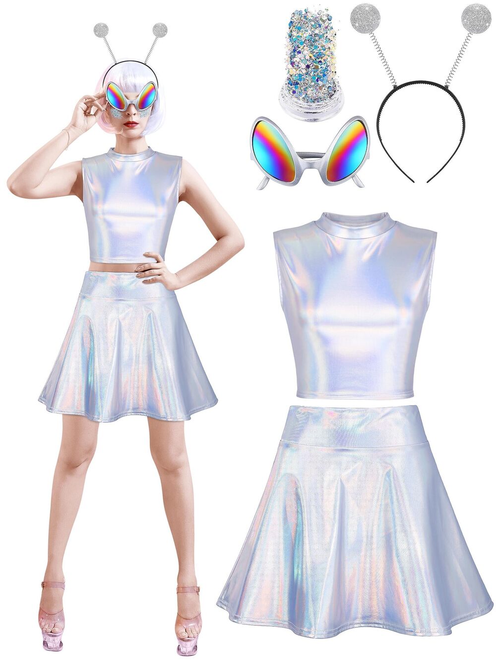 7487 Alien Costume Metallic Top Sleeveless Crop Tank Top Pleated Skirt